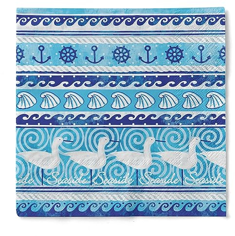 Sovie HOME Serviette SEASIDE aus 3-lagigem Tissue, 33 x 33cm, 1/4 Falz, 20 Stück, maritimes Design mit Möwen Muscheln Anker Wellen Steuerrad Blau, Ideal für Garten- & Sommerfeste
