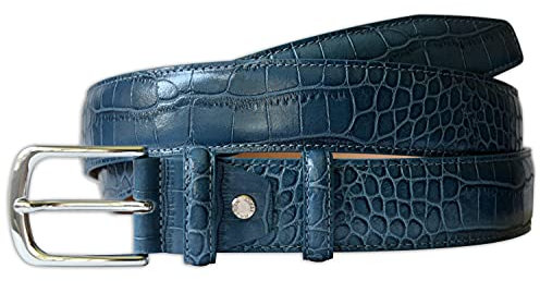 PASQUALE CUTARELLI Italienischer Ledergürtel mit Krokodilmuster Denim Blau Klein 85 Zentimeter