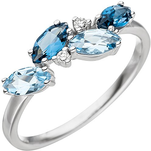 Jobo Damen-Ring aus 14 Karat 585 Weißgold mit Blautopas und 2 Diamanten Größe 56