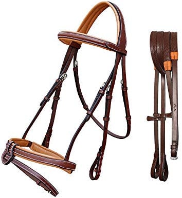 Exion Comfort weich gefütterte Trensenzaumzeug mit abnehmbarem Blitz und Gummizügeln | anatomische englische Trense für Pferde (Eichenbraun, Übergröße)