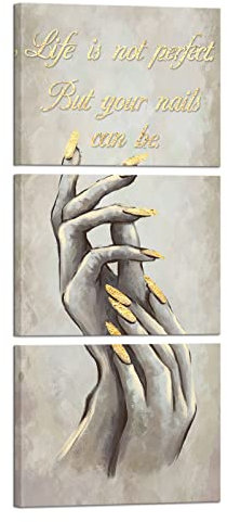 HOMEOART Fashion Woman Wall Art Nail Salon Decor Vintage Yellow and Grey Nail Painting Manicure Canvas Artwork Stretched and Framed Ready to Hang 12x16x3 Pieces