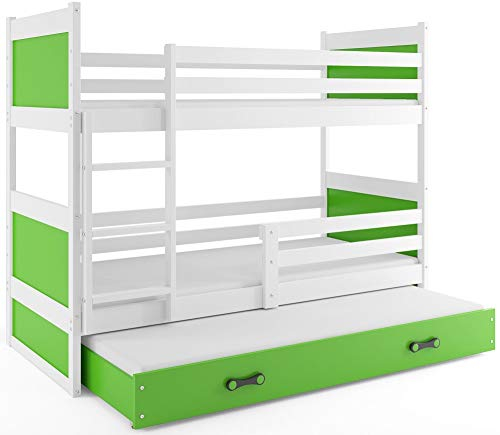 Interbeds Etagenbett RICO 3 200x90cm in Weiß + Varianten/Matratzen, Lattenrost (weiß + grüne Schublade)