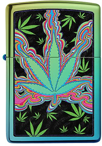 Zippo Sturmfeuerzeug - Cannabis - Blue Green High Polish Teal Finish, Color Image - Nachfüllbar - Wiederverwendbar - Windfest - Geschenkbox - Made in USA