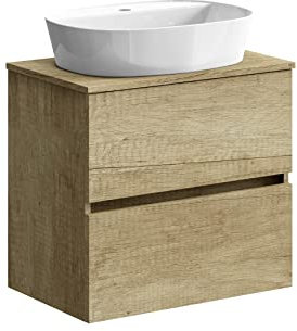 Baikal Baño Onyx, 2 cajones, suspendido en Pared, con Lavabo cerámico. Mueble Montado, Melamina 16,Mueble F39 + Top + Lavabo 70 cm Nature