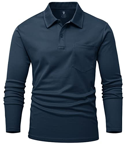 Rdruko Mens Long Sleeve Polo Shirt Smart Casual Breathable Polyester Work T Shirts Wicking Quick Dry Golf Tops with Pocket Navy Blue S