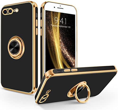 SouliGo iPhone 7 Plus Hülle, iPhone 8 Plus Hülle Handyhülle, Slim Weiche TPU Silikon Case mit 360 Grad Ring Halter Ständer stabil Kratzfest Hülle für iPhone 7 Plus/8 Plus 5.5 Zoll Schwarz Gold