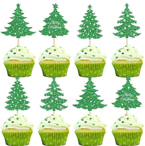SYKYCTCY 24 Pack Christmas Tree Cupcake Toppers with Star Glitter Christmas Tree Cupcake Picks Merry Christmas Theme Cake Decorations for Christmas New Year Holiday Baby Shower Kids Birthday Party