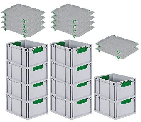PROREGAL SuperSparSet 10x Eurobox NextGen Color mit Auflagedeckel & Schiebeschnappverschlüsse, HxBxT 22x30x40cm, 20L, Griffe grün geschlossen, Glatter Boden, Eurobehälter Transportbox