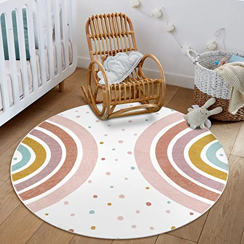 STARUIA Bunter, runder Teppich für Kinderzimmer, 1.2 m, Regenbogen, waschbarer Teppich für Spielzimmer, Boho-Kinderteppich, rutschfest, weich, Tipi, Prinzessinnenschloss