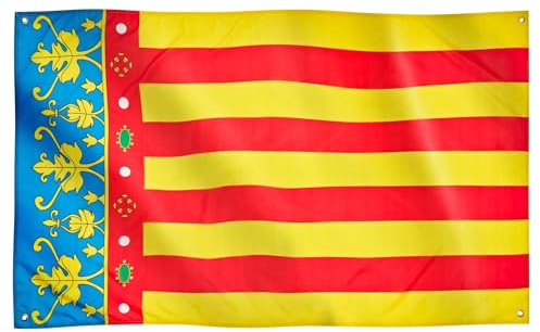Runesol Bandera de la Región de Valencia, 91x152cm, 3ft x 5ft, Bandera Valenciana, 4 Ojales, Ojal en las Esquinas, Senyera Coronada, Reial Senyera, Día de la Constitución, España, Interior, Exterior