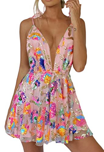 ORANDESIGNE Vestito da Donna Sexy Vestiti Paillettes Brillante Profondo Scollo a V Senza Maniche Spaghetti Strap Backless Mini Abito Glitterato Sottile Party Discoteca Clubwear A Rosa S