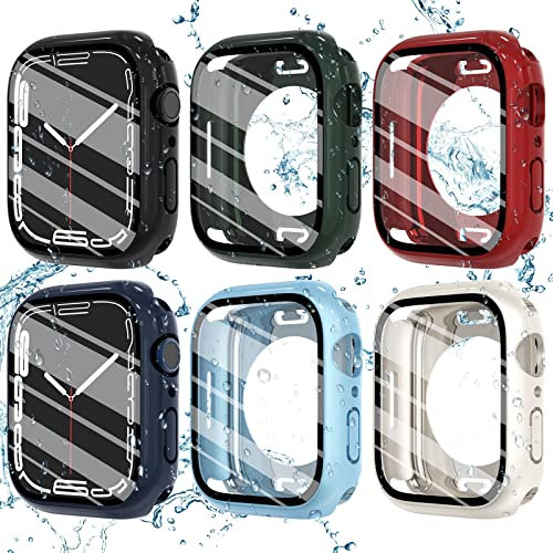 WINGLE Paquete de 6 fundas impermeables para Apple Watch Series 7, Series 8, Series 9 de 1.614 pulgadas con protector de pantalla de vidrio templado, funda protectora completa de policarbonato duro