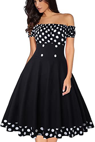 AXOE Femme Robe Rétro Années 50 Robe Décolleté Tombant Élastique à Pois Coupe A Taille Haute Manches Courtes pour Vacances Rendez-Vous Printemps Noir, Taille 38, S