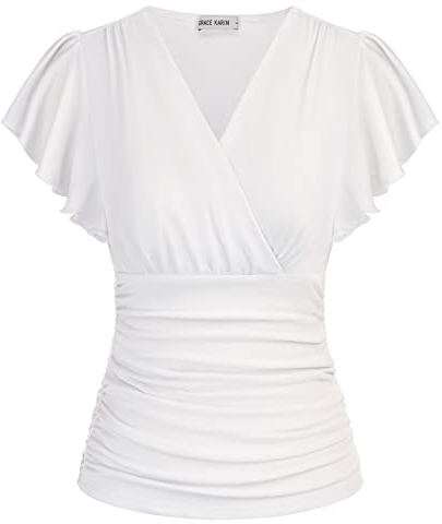 GRACE KARIN Damen Kurzarm Bluse Elegant Slim Fit Plissee-Tops Einfarbige Tunika Bluse Sexy Pullover Weiss M