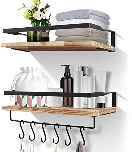 Uten Floating Shelves Wall Mounted Shelf, Light Brown Solid Shelf, Wooden Shelves Set Spirit Level, Towel Bar 8 Hooks for Bedroom, Living Room, Office, Kitchen Storage & Organisation