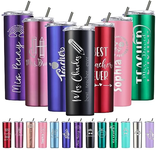Cadeaux pour la journée de l'enseignant Gobelet Personnalisé avec Couvercle et Paille Gobelet Isotherme 20 oz gravé au laser Gobelet en acier Inoxydable Personnalisé avec nom pour Hommes Femmes