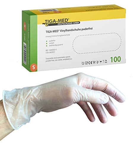 TIGA-MED Vinylhandschuhe Größe S, 1.000 Stück (10 × 100) – Puderfreie transparente Einmalhandschuhe ohne Naturkautschuklatex, lebensmittelgeeignet, EN 455