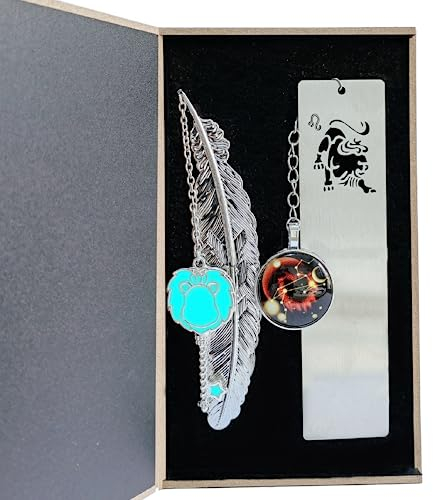 2 Lesezeichen Konstellation Feder Metall Fluoreszenz, Geschenk Leseratten Bookmark, Lesezubehör Geschenk, Set Lesezeichen für Abschlusssaison, Weihnachten, Geburtstag, Muttertag, Bookworm-Löwe