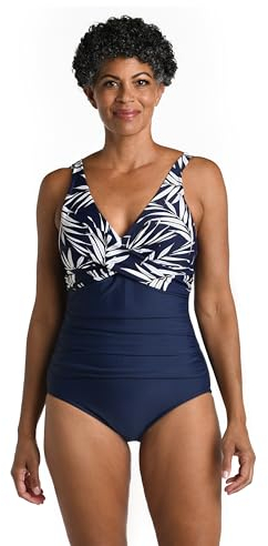 Maxine Of Hollywood Damen Einteiliger V-Ausschnitt und Drapierung vorne Badeanzug, Indigo//Blattgold, 18