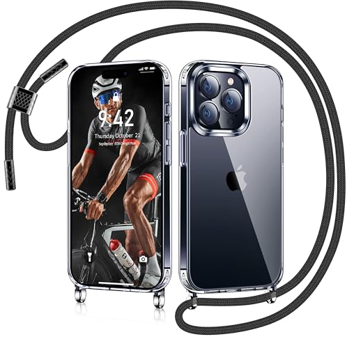 AROYI Handykette Kompatibel mit iPhone 15 Pro Max Hülle mit Band, Transparent Silikon Handyhülle für iPhone 15 Pro Max mit Kette Necklace zum Umhängeband Abnehmbar Stossfest Schutzhülle Case, Schwarz
