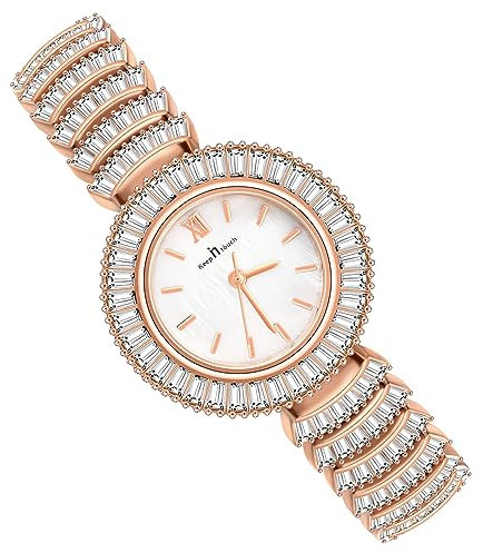 MicLee Montres à Quartz Femmes Filles Montre Luxe à Cadran Rond Minimaliste orné Strass Etincelants Montre Etanche avec Bracelet en Alliage, Rose Gold