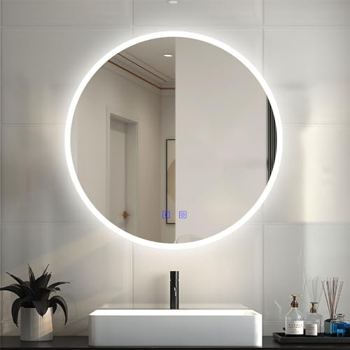 Round LED Bathroom Mirror with Bluetooth Speaker 800mm Dimmable Switch 3 Colors and Demister Pad Touch Control Decorative Circle IP44