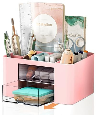 Cayxenful Desk Organiser Tidy, 2 Drawers Plastic Table Stationary Organiser with 5 Compartments Desktop Storage Holder Stationery Supplies Organizer for Office, School, Home(Pink)