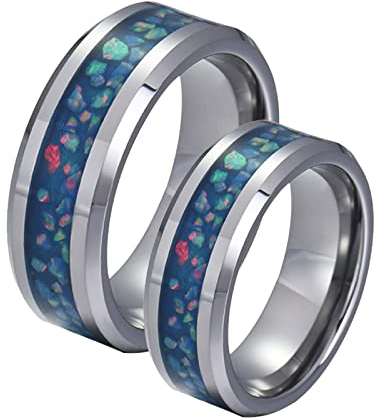 Gualiy Wolframringe Partnerringe, Freundschaftsringe Paar mit Gravur 8mm Silber Ring Einlegen Blau Opal Damen 65 (20.7) + Herren 57 (18.1)