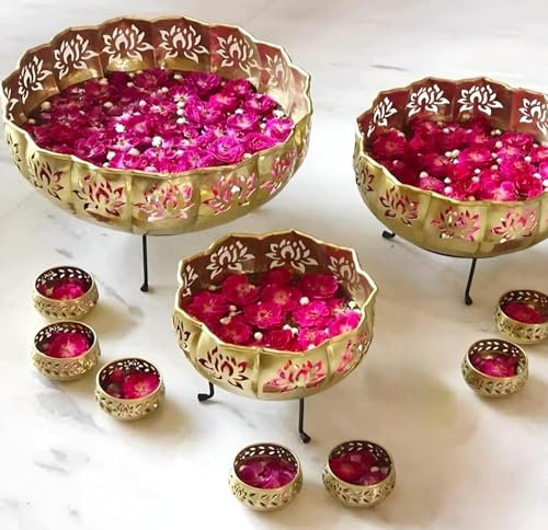 Brass Diya Shape Flower Decorative Urli Bowl for Home Handcrafted Bowl for Floating Flowers and Table Decor Items for Home Diwali Decoration Showpiece Festive Decor Bowl Tea Light Candles (Design 02)