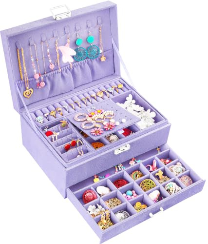 QBestry 3-Layer Jewelry Box for Girls & Teens with Lock and Key, Large Jewelry Organizer with 8 Necklace Hooks & 56 Earring Holes, Violet Velvet Jewelry Storage Box for Necklace Earring Ring Bracelet