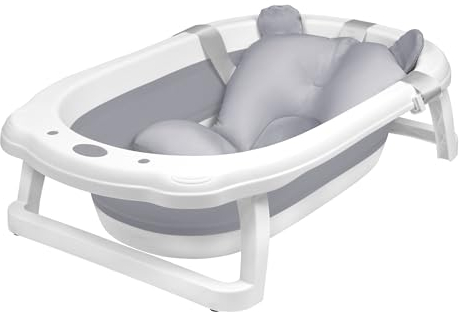 Aufun Faltbare Baby Badewanne ergonomische Babywanne mit rutschfesten Füßen für Babys und Neugeborene, inkl. Bade Sitzkissen, folding bathtub, platzsparend (Grau+ Badewannenkissen)