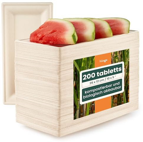 HAAGO 200 Stabile Einwegteller aus Zuckerrohr (26 x 12 cm) – Rechteckige Bagasse Einweg-Servierplatten - Extra Starke Pappteller, Fett- & Auslaufsicher, für Canapés, BBQ, Buffet & Catering