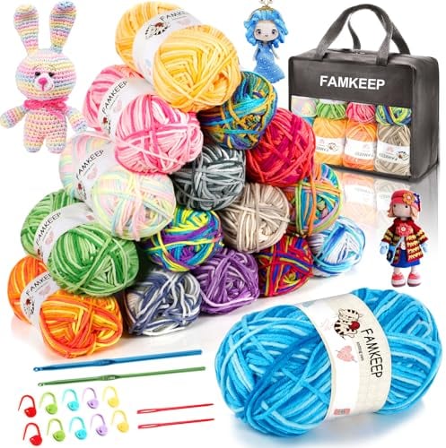 FAMKEEP Gomitoli 16 Colori Pacco di Lana Acrilica,Multicolore lanas Gomitoli,Lana per Maglieria con 2 Uncinetto,Filati Lanas Acrylico per DIY Uncinetto e Lavori a Maglia