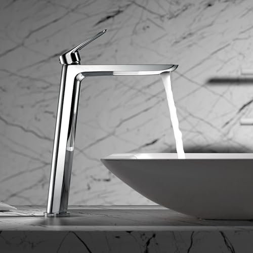 IMEX - Grifo Lavabo Caño Alto | Grifo Baño Mezclador Agua Fria y Caliente | Grifería Monomando Efeto Cascada con Caño de Latón y Ahorro de Agua | Serie Bélgica | Color Cromado