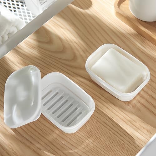 Toski Boite a Savon Voyage avec Égouttoir Amovible, 2 Pièces Porte Savon Étanche en Plastique, Porte-Savon Douche avec Couvercle, Petite Boite pour Tous Les Savon Corps Solide, Blanc