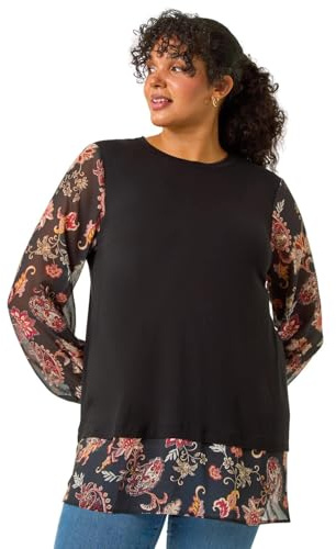 Roman Curve Floral Print 2 in 1 Top for Women UK - Ladies Everyday Autumn Winter Round Neckline Comfy Soft Evening Vacation Work Party Night Out - Tan Plus - Size 26