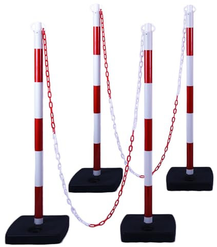 [4 Stück] Verkehrsbegrenzer, 40 Zoll/100 cm, Absperrpfosten mit verbundener Kette 20 ft/600 cm und Basis befüllbar mit Sand/Wasser für Parkplatz, Straßenbau