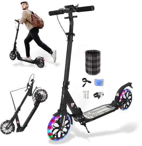 GHBXJX Tretroller Scooter Erwachsene mit Big LED Wheel Räder & Tragegurt - City Roller klappbar- Roller Kinder- Klappbar Lenker - m/hinterradbremse und Stoßdämpfer, 4 Höhenverstellbar,Schwarz