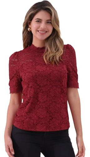 Allegra K Dam blommig spets topp ståkrage puffärmar kortärmad spetsskjorta elegant spetsblus, Mörkröd, L