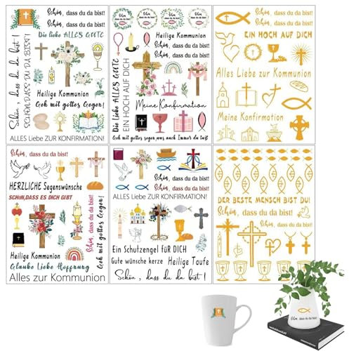 6 Blatt Rub On Sticker Kommunion,Rub On Aufkleber Eukalyptus Fisch Kreuz Rub On Folie Transferaufkleber mit Sprüche Herzlichen Glückwunsch zur Heilige für Möbel Glas Holz Gips Keramik