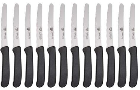GRÄWE Tafelmesser 12 Stück, Messerset zum Schneiden, 12er Pack Brötchenmesser, Frühstücksmesser mit einseitigem Wellenschliff, Brotmesser, scharfe Messer für Brotzeit, 21 cm - Schwarz