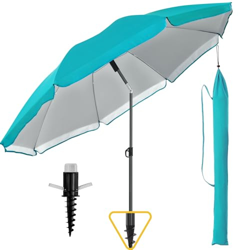 Menz Sonnenschirm Strand 3-IN-1 Set, Türkis - Strandschirm windfest stabil Ø 180 cm, praktischer Sonnenschirm Strand mit UV-Schutz 80+, Strandschirm mit Bodenhülse & Schutzhülle