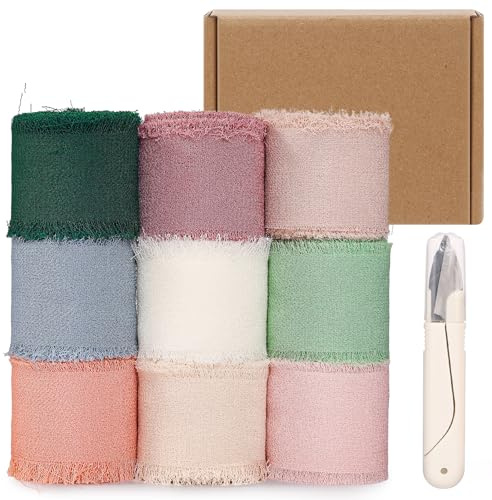 Cofvetia Geschenkband Chiffon mit Schere,Geschenkband Schleifenband, 2,5cm x 24,9m Nude Seidenband, Hochzeit Chiffonband Stoffband für Hochzeitseinladung, Dekoration, Geschenke, DIY Handwerk (9 Farbe)