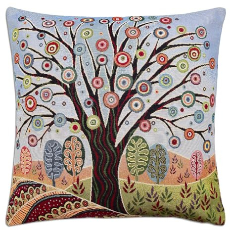Gobelin-Kissenhülle Baum der Träume 45 x 45 cm Retro-Optik mit/ohne Füllung | Kissenbezug mit künstlerischem Baum des Lebens, Art déco bunt, Mit Reißverschluss, Auf Wunsch mit Feder-Dauneninlett