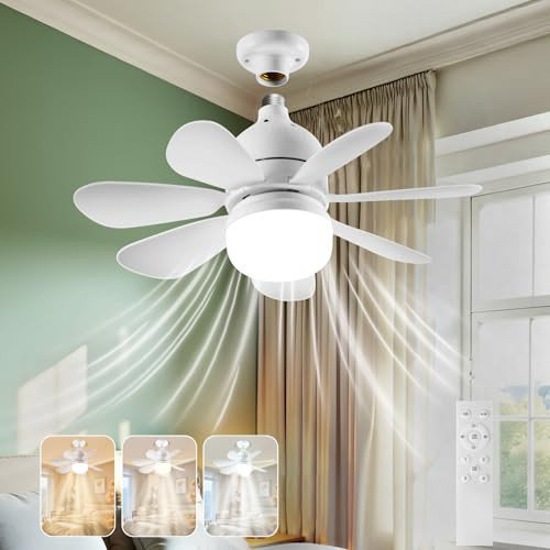LEONTYNE Ceiling Fans with Lights and Remote,E27 Screw in Ceiling Fan Lamps,Quiet 4 Speeds with 7 Blade,Dimmable 40 CM Modern LED Bulb Fan Light for Bedroom Kitchen Garage Small Space