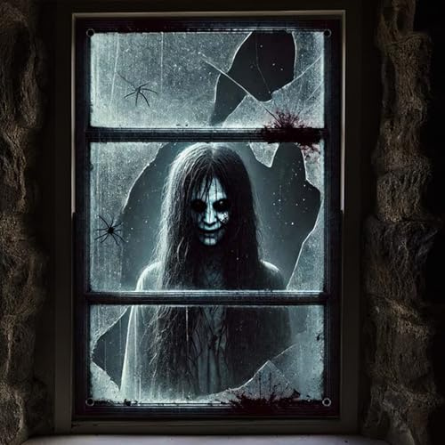 Randomgo Halloween Gruselig Fensterbilder, Horror Fensterdeko, Halloween Deko Fenster für Innen, Outdoor Garten und Feiern Spukhaus Deko Fensterdeko (H,120 x 80cm)