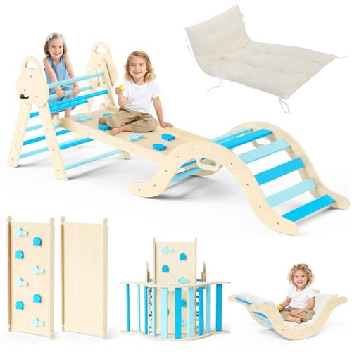 7 in 1 Toddler Montessori Climbing Frame, with Ramp and Arch Climbing Triangle Foldable Baby Climbing Promotes Fitness, Balance & Coordinationr For 1-3 Year Toddlers, Indoor (blue)