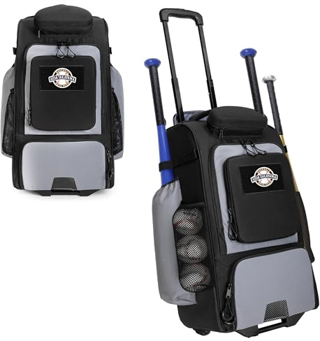 GOBUROS Baseball Rucksack mit Rollen, Softball Tasche für 4 Schläger | Rollrucksack mit Schuhfach und Mehreren Taschen für Baseball Ausrüstung und Zaunhaken