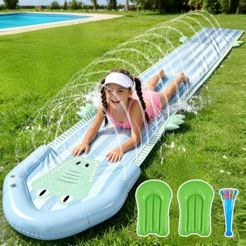SGZIOO Wasserrutsche Garten für Kinder, 482 x 75cm Doppelte Wasserrutsche Garten mit 2 Bodyboards, Aufblasbare Wasserrutsche mit 2 Eingebautem Sprinkler, Inflatable Water Slide für Kinder Erwachsene