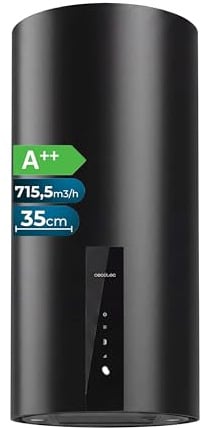 Cecotec Campana Extractora Redonda de Pared 35 cm Bolero Flux DRT 358000 Black A++. Acabado en Negro, Succión 715 m³/h, 2 Velocidades + Función Booster, Filtros de Carbono, Clase A++, Control Táctil